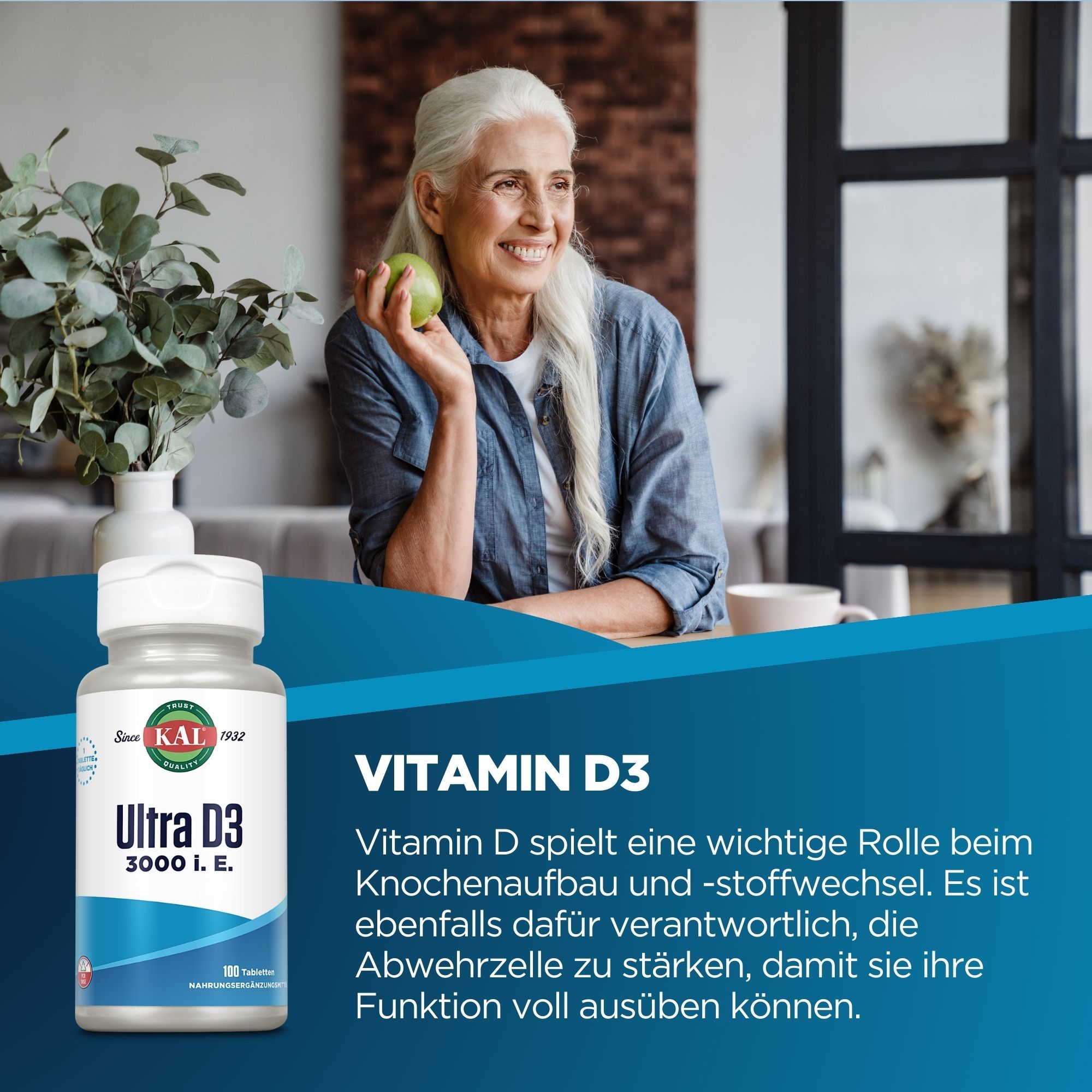 Eine Frau hält einen Apfel neben einer Flasche KAL Ultra D3 3000 I.E. Vitamin D3-Nahrungsergänzungsmittel. Text: Vitamin D3.
