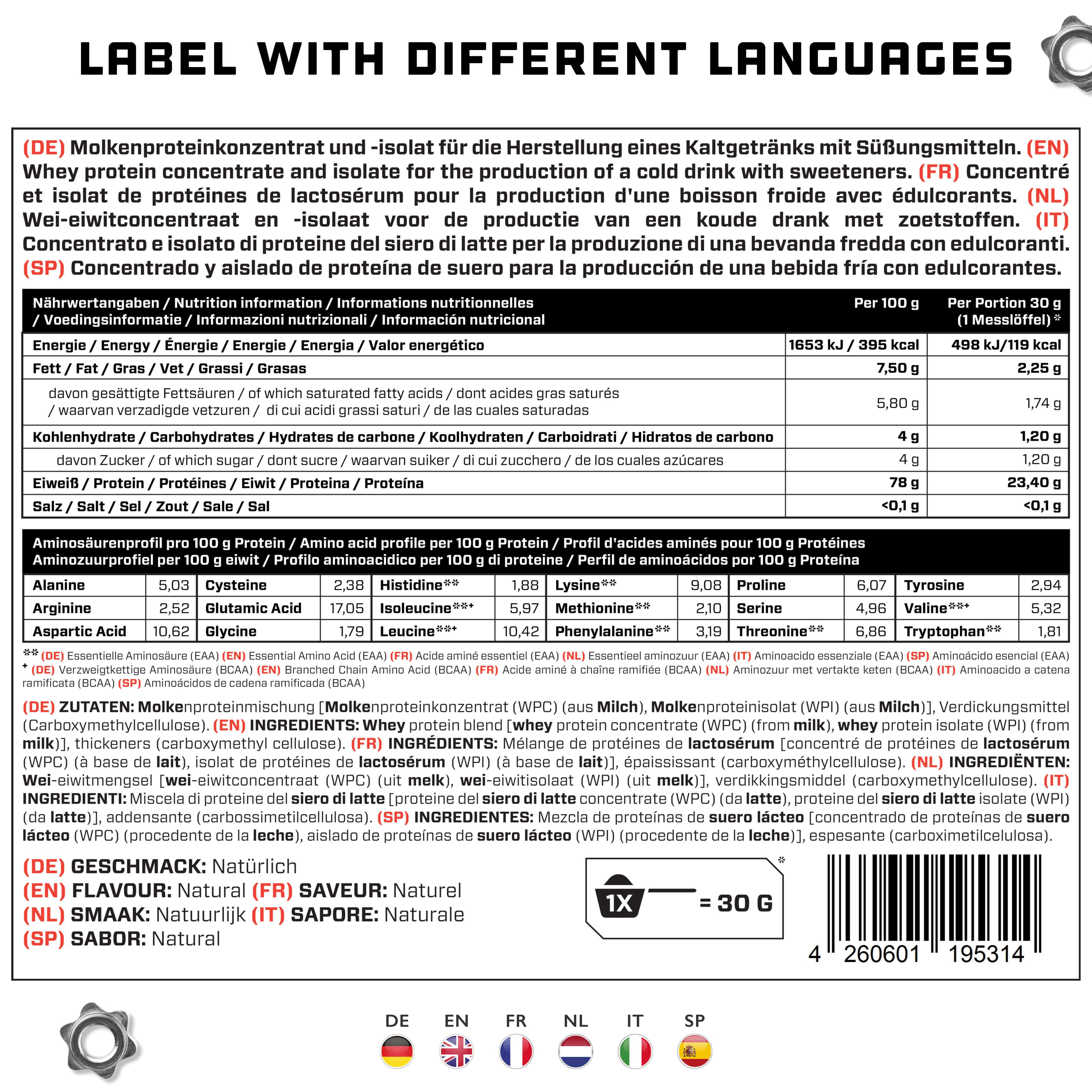 Nährwertinformationen auf weißem Hintergrund. Text in Deutsch, Englisch, Französisch, Niederländisch, Italienisch und Spanisch. 1x 30 g.