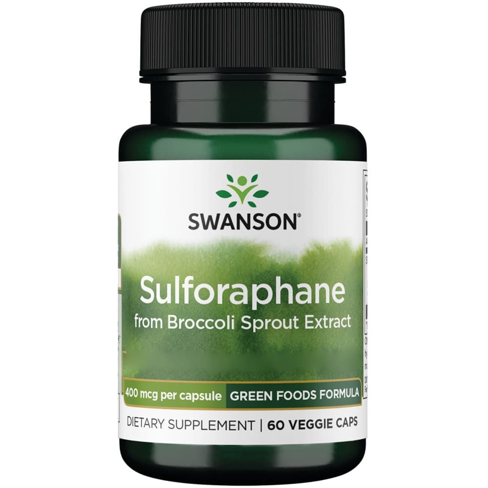 Grüne Flasche mit schwarzem Deckel. Aufschrift: SWANSON, Sulforaphan aus Brokkolisprossen-Extrakt. 60 Kapseln.