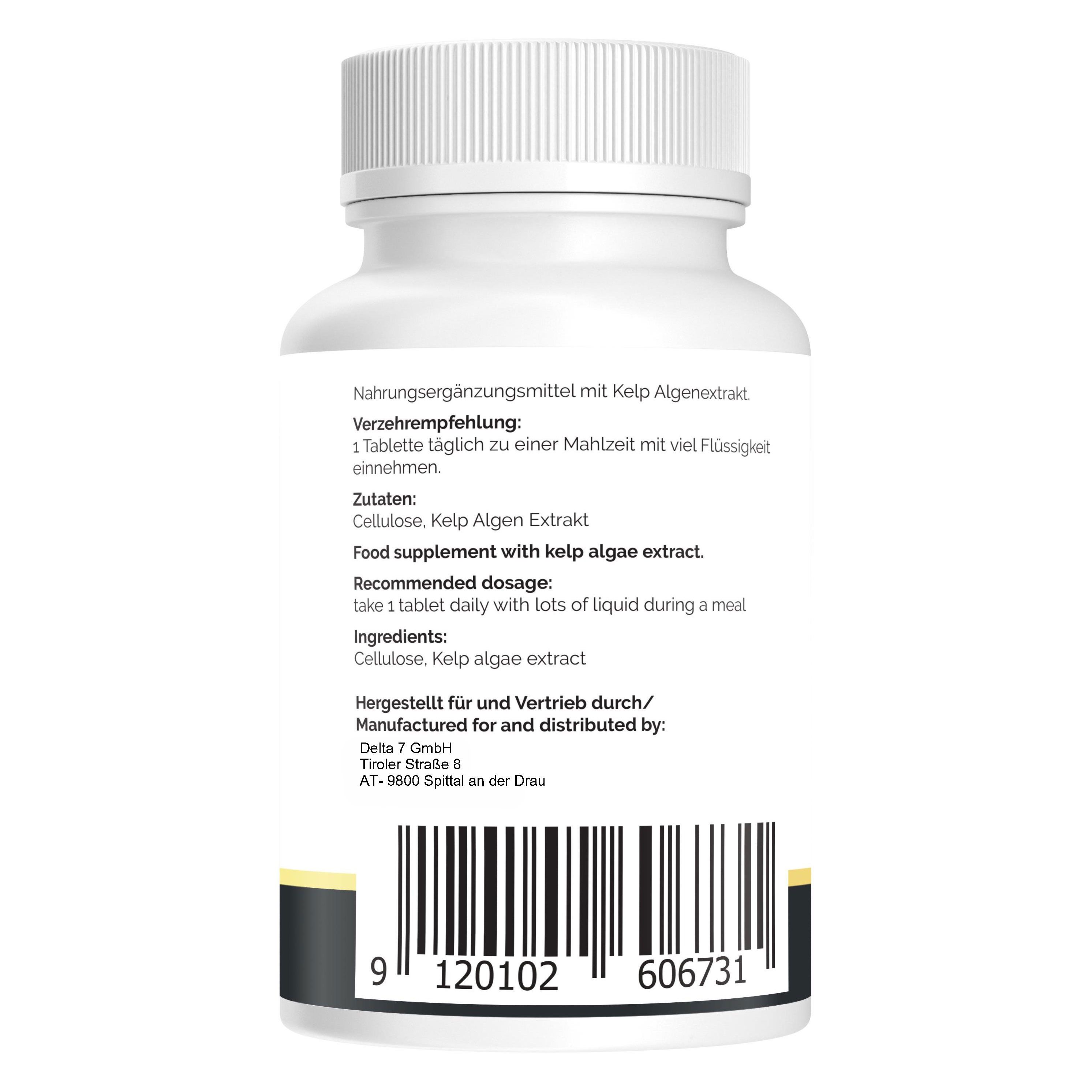 Rückseite der Flasche. Verzehrempfehlung: 1 Tablette täglich. Zutaten: Cellulose, Kelp Algen Extrakt. Barcode.