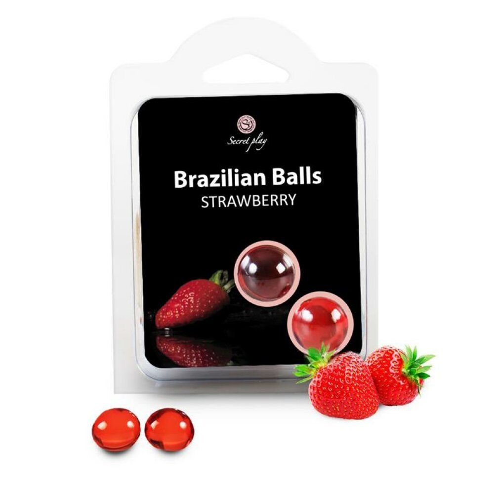 Verpackung mit zwei transparenten Kugeln und Erdbeeren. Aufschrift: Brazilian Balls Strawberry. Marke: Secretplay.