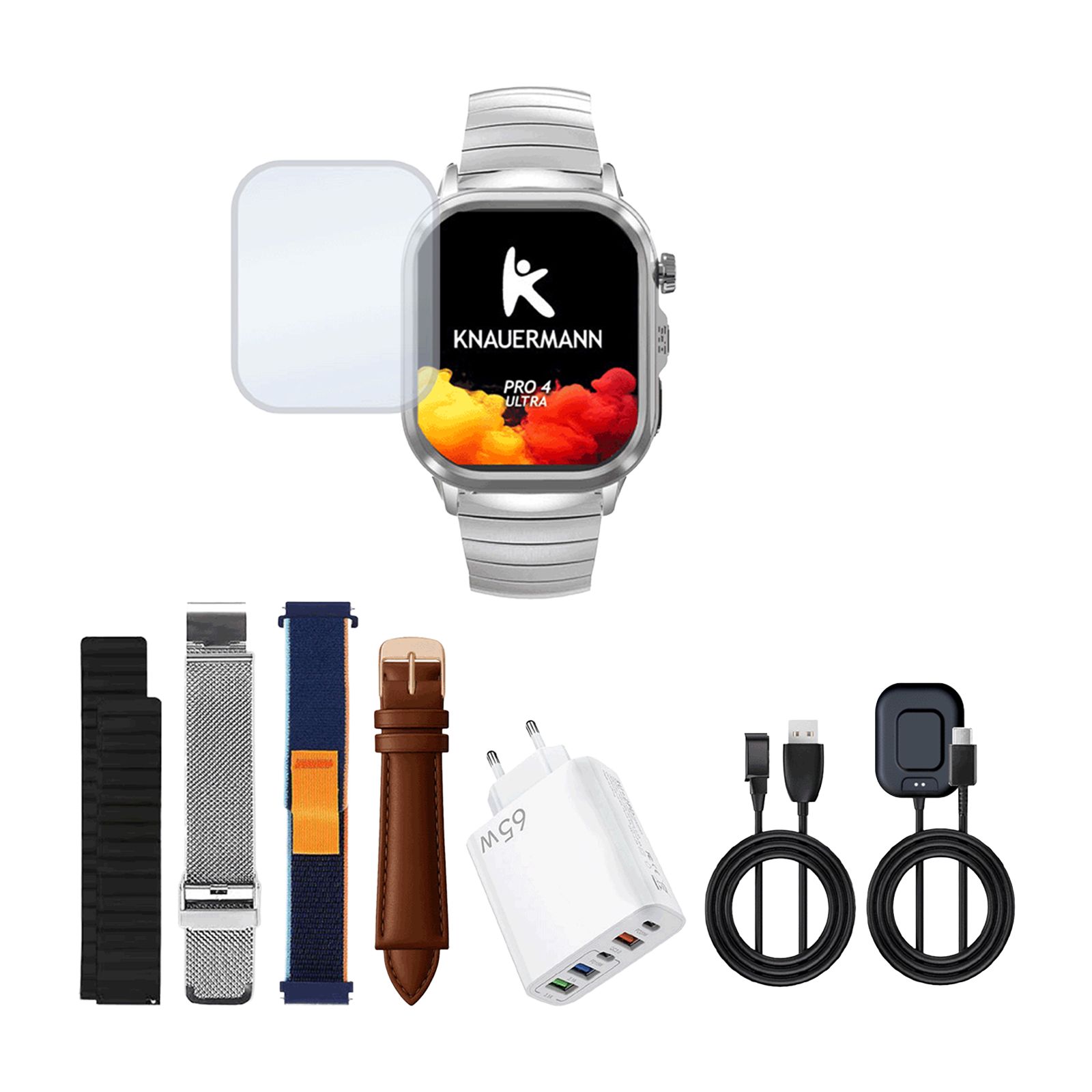 Knauermann PRO 4 Ultra Gesundheitsuhr mit Zubehör: Ladekabel, Netzteil, Displayschutz und drei Armbänder.