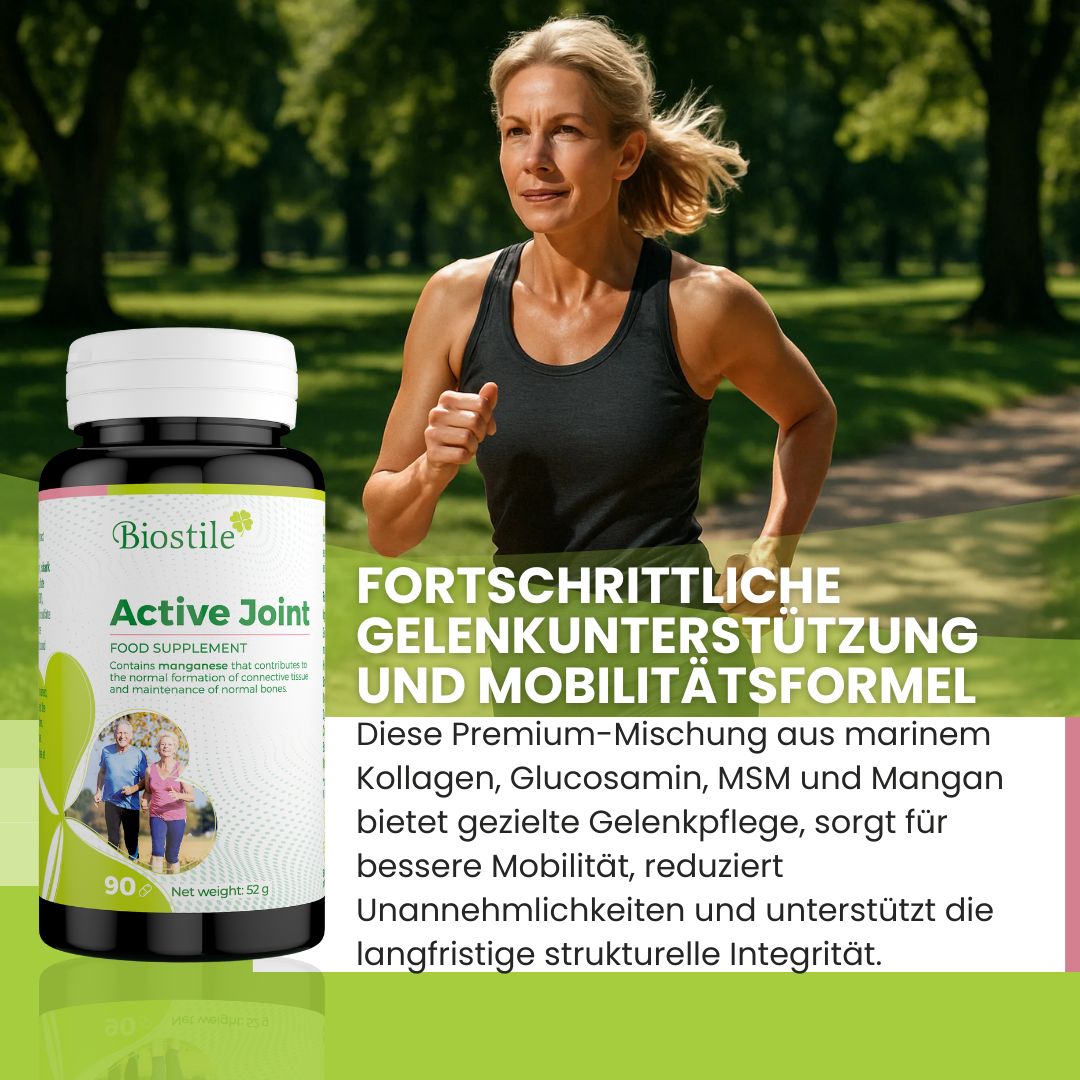 Biostile Aktives Gelenk Dose neben einer laufenden Frau im Park. Fortschrittliche Gelenkunterstützung.