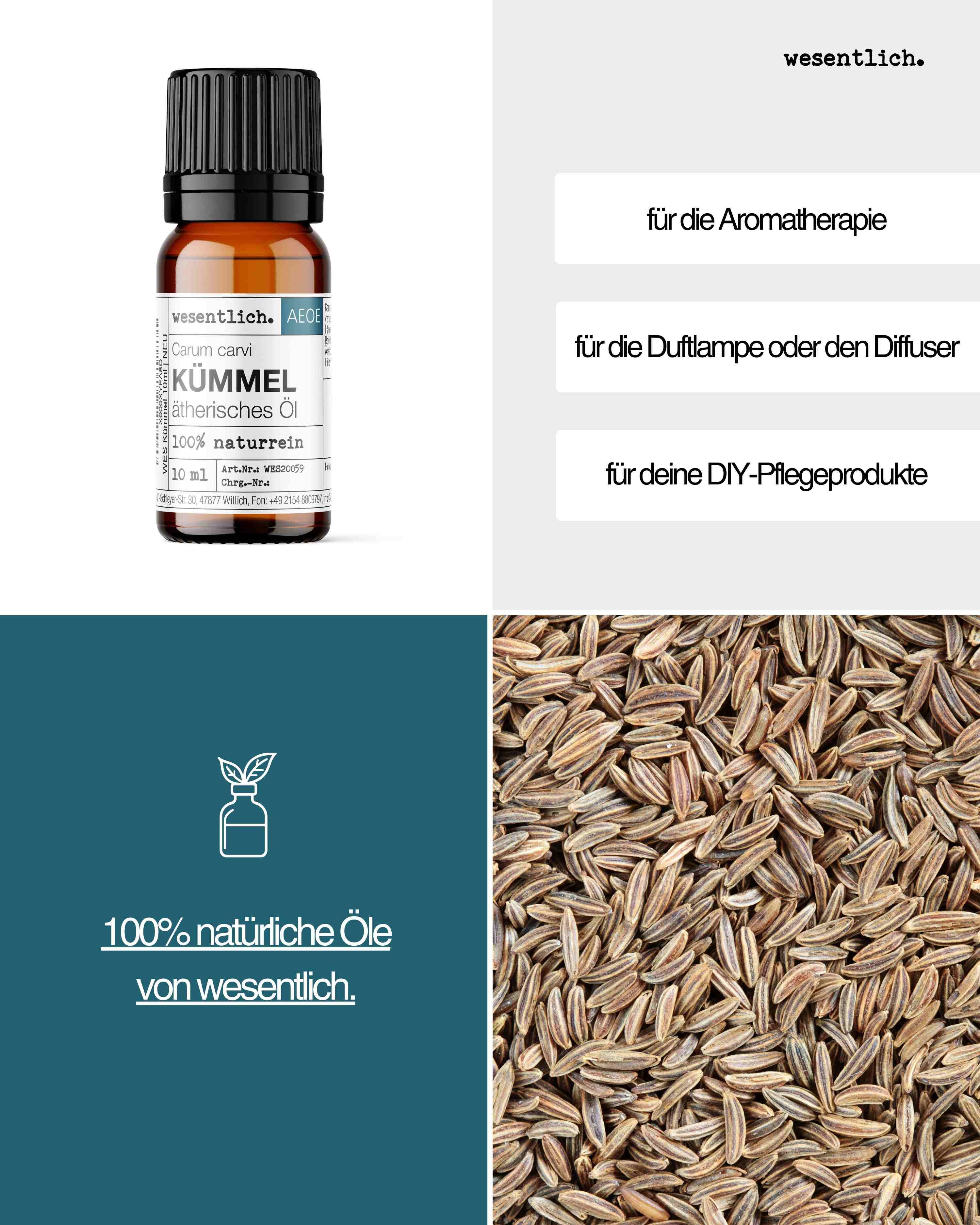 Flasche Kümmelöl neben Textfeldern für Aromatherapie und DIY-Pflegeprodukte. Nahaufnahme von Kümmelsamen.