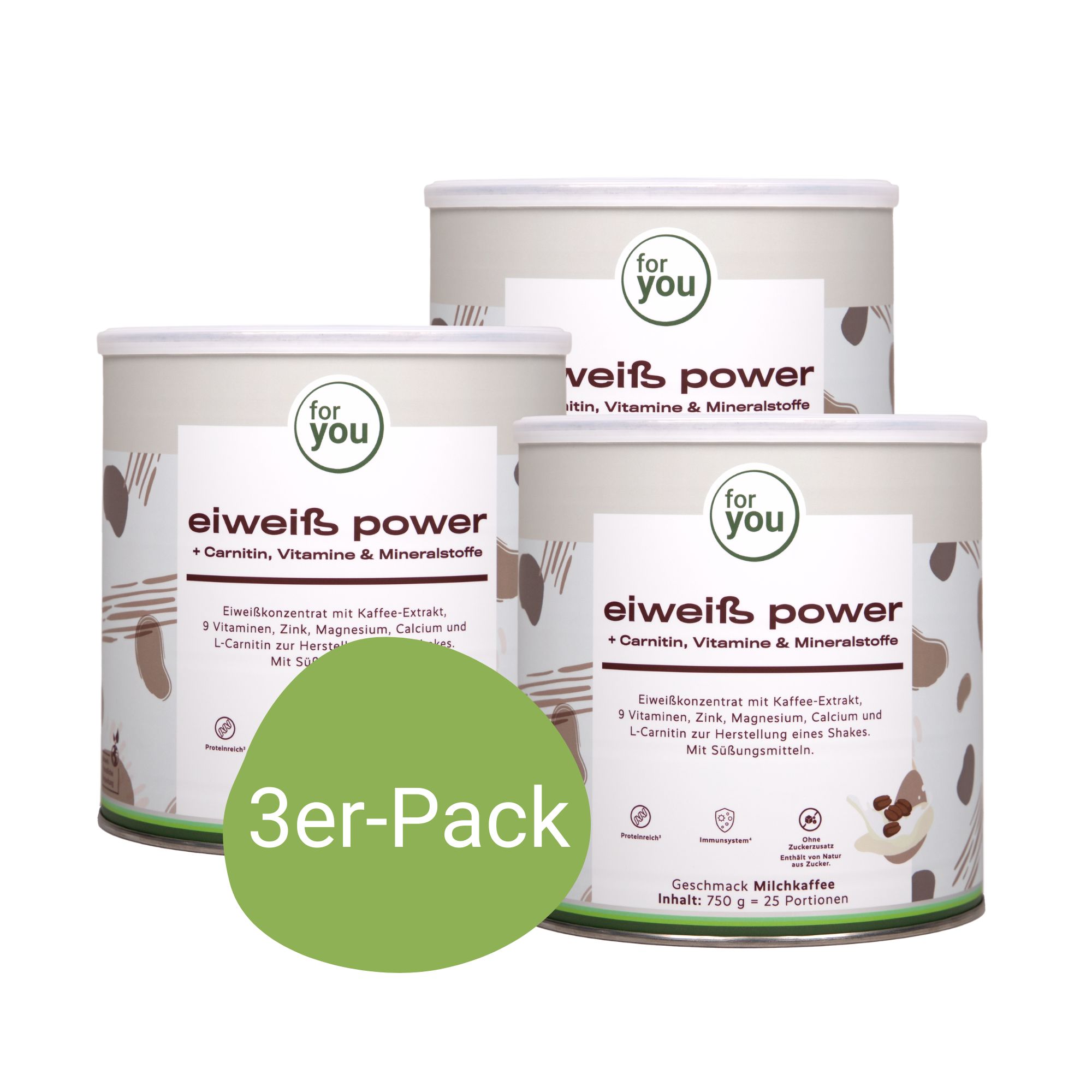 Drei Dosen Eiweiß Power Milchkaffee mit '3er-Pack'-Aufkleber.