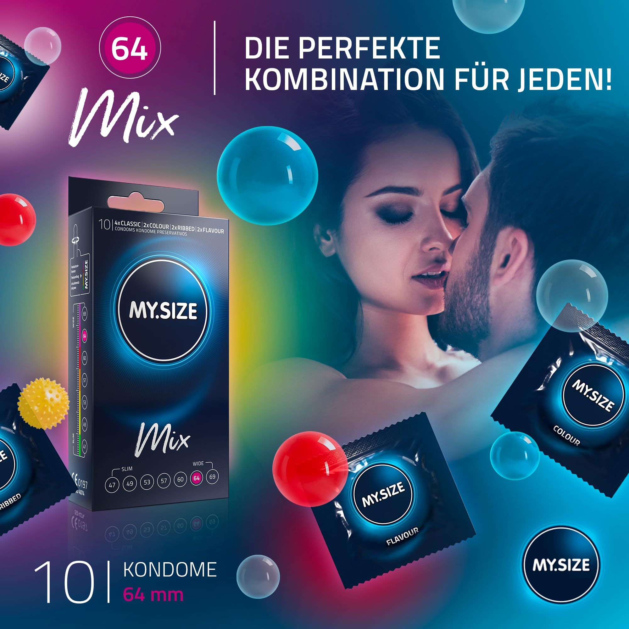 MY.SIZE Mix Kondom-Packung mit 10 Stück, 64mm Breite. Enthält Classic, Colour, Ribbed und Flavour Varianten.