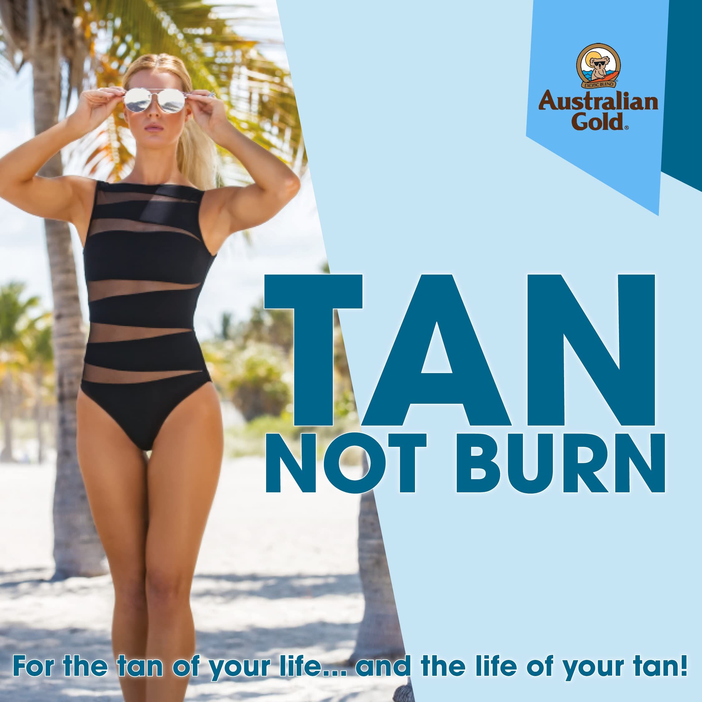 Frau im Badeanzug am Strand. Text: Tan not Burn. Logo: Australian Gold.