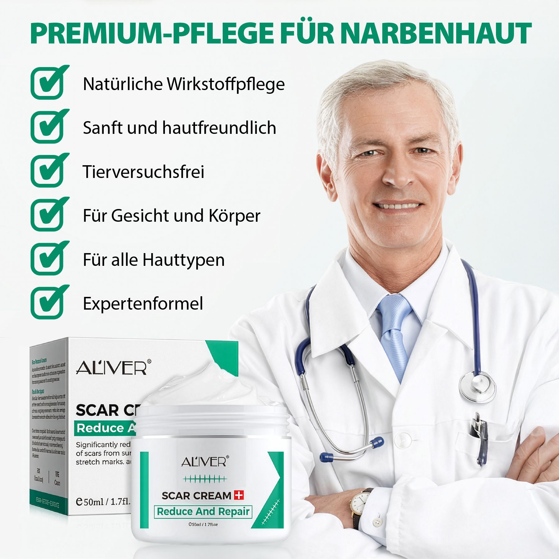 Mann mit Arztkittel. ALIVER Scar Cream und Verpackung. Premium-Pflege für Narbenhaut. Text: Natürliche Wirkstoffpflege, sanft, tierversuchsfrei.