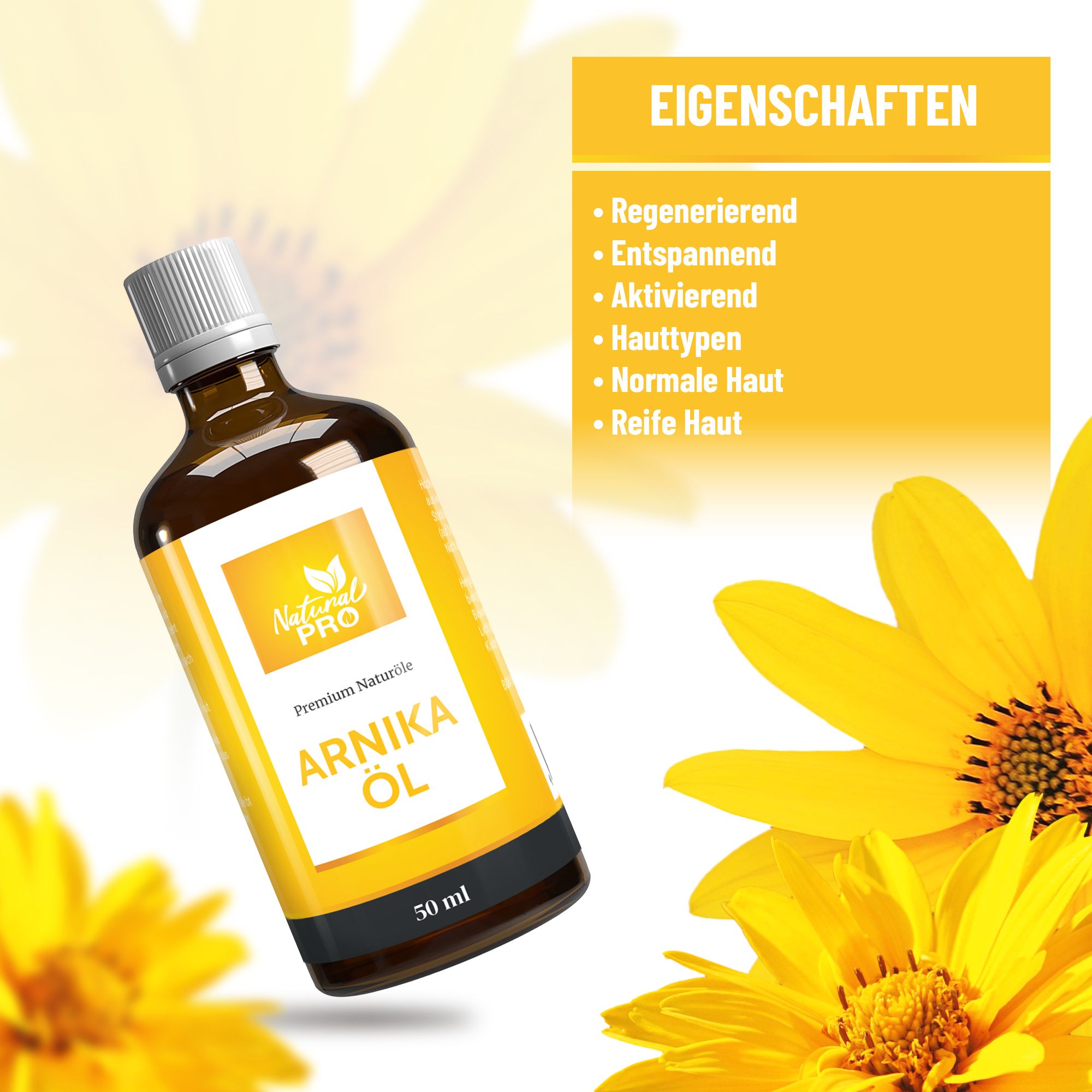 Braune Glasflasche mit gelbem Etikett. Text: Arnika Öl, Eigenschaften: regenerierend, entspannend, aktivierend. Gelbe Blüten.