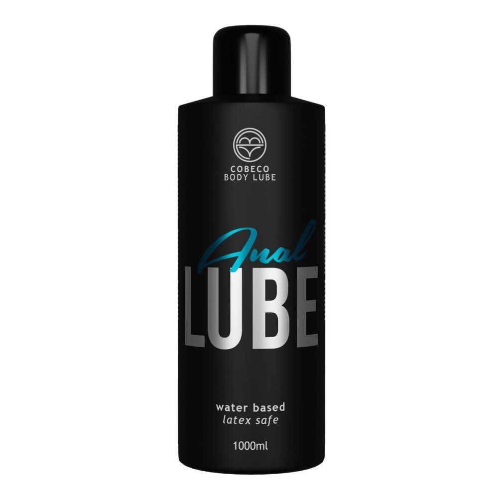 Schwarze Flasche mit schwarzem Deckel. Aufschrift: Anal LUBE, water based, latex safe, 1000ml. Logo: Cobeco Bodylube.