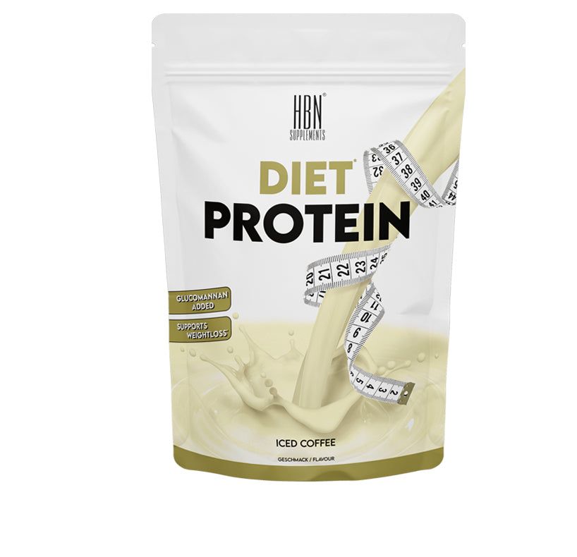 Beutel mit HBN Supplements Diet Protein, Iced Coffee Geschmack. Aufdruck: Diet Protein, Messband, Schriftzug: Glucomannan added, Supports weightloss.