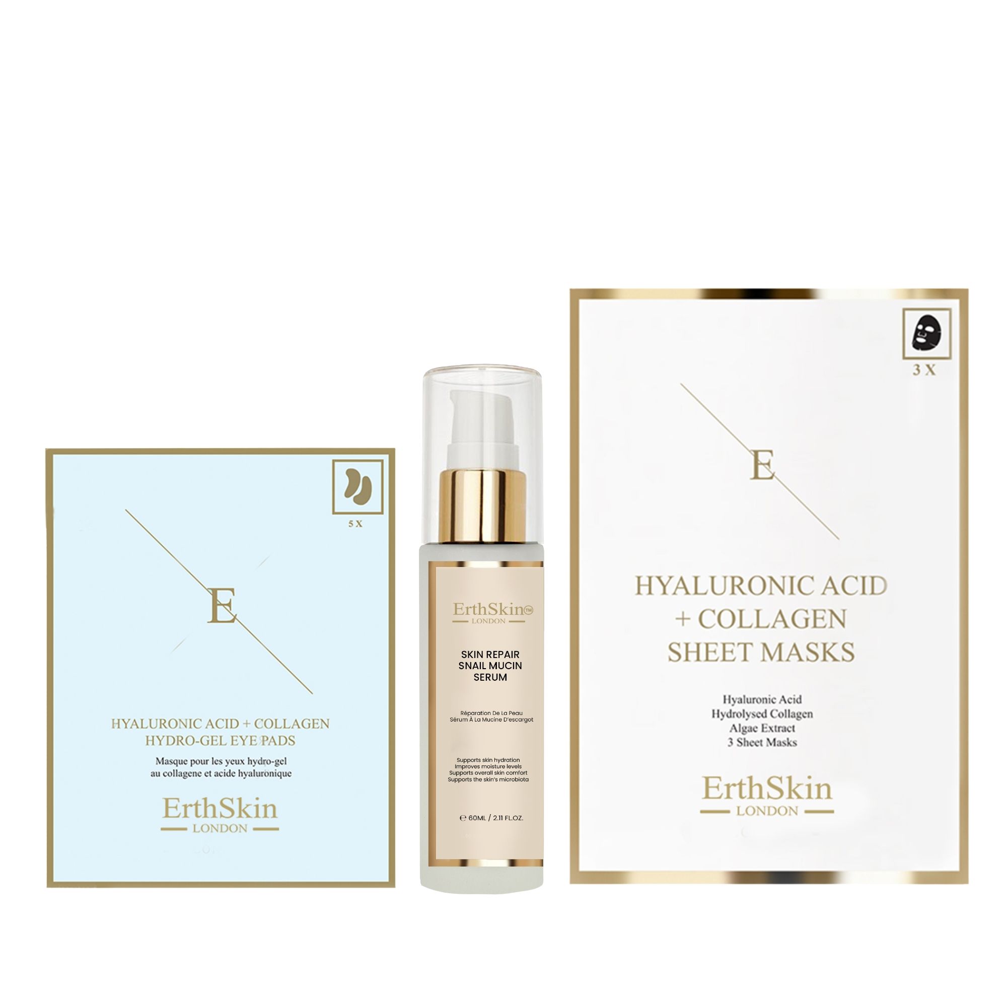 Hautpflege-Set mit Schneckenserum, Augenpads und Gesichtsmasken.