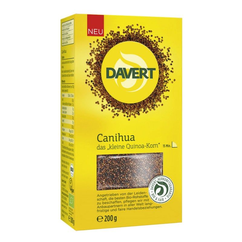Gelbe Verpackung mit "DAVERT"-Logo und "Canihua". Enthält Körner. Bio- und Fairtrade-Siegel. "NEU"-Label.