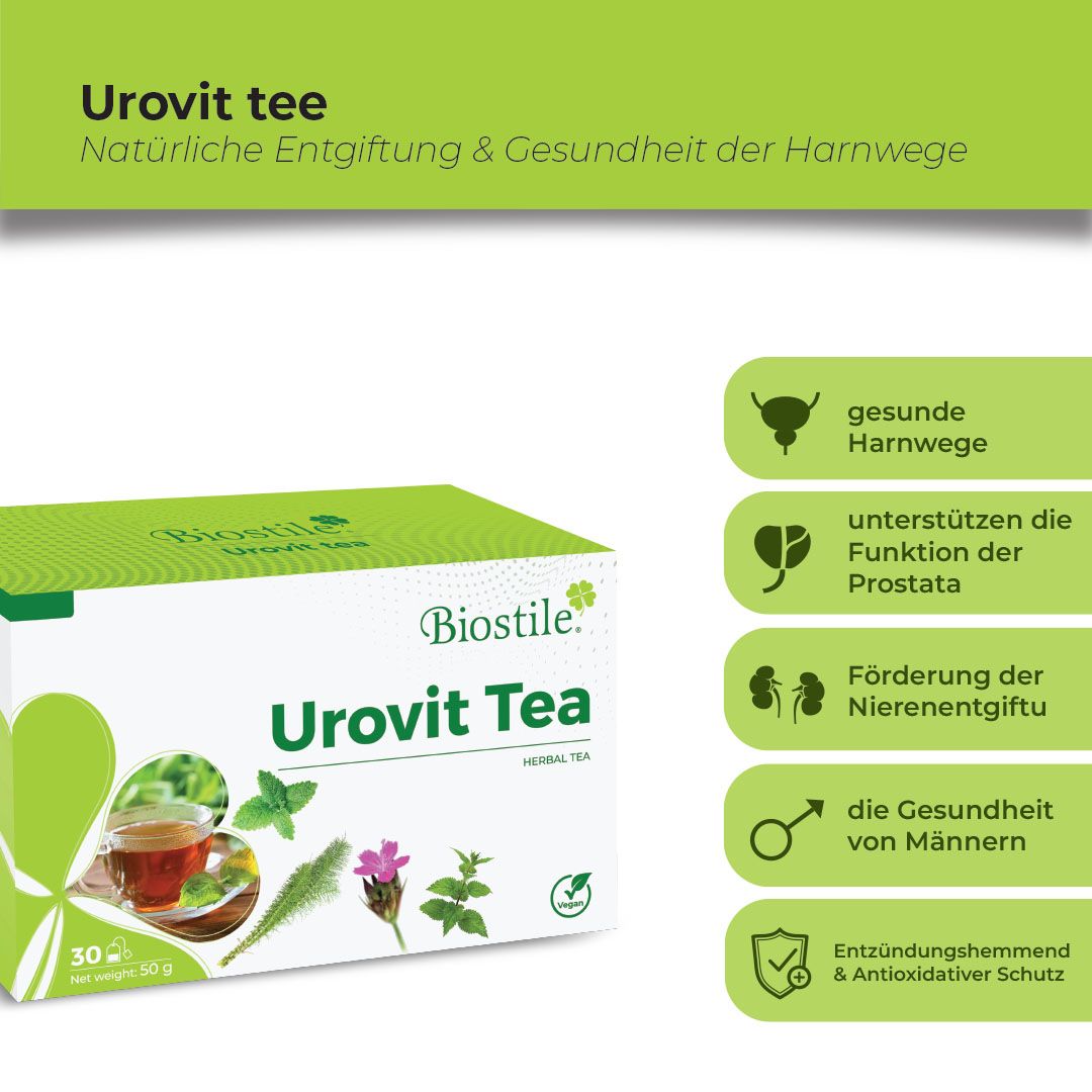 Biostile Urovit Tee-Verpackung. Text: Natürliche Entgiftung & Gesundheit der Harnwege. Illustrationen und Text.