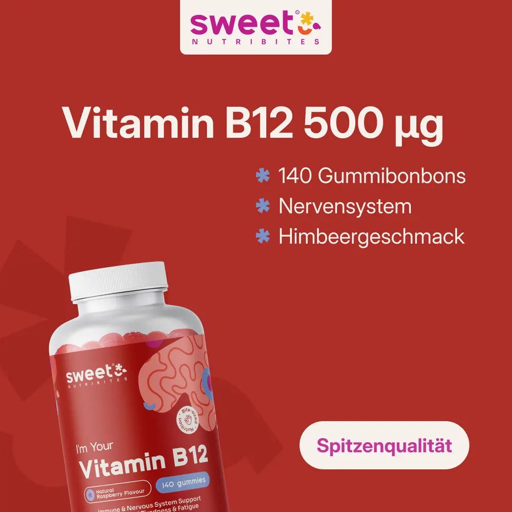 Vitamin B12 500 µg und 140 Gummibonbons. Nervensystem und Himbeergeschmack. Spitzenqualität.