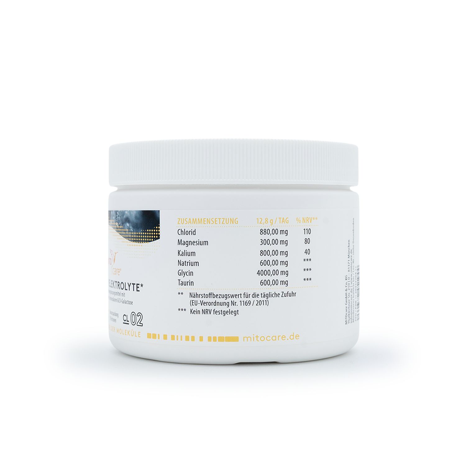 Rückseite der MITOcare® Power Elektrolyte Dose mit Nährwertangaben und Zutatenliste.