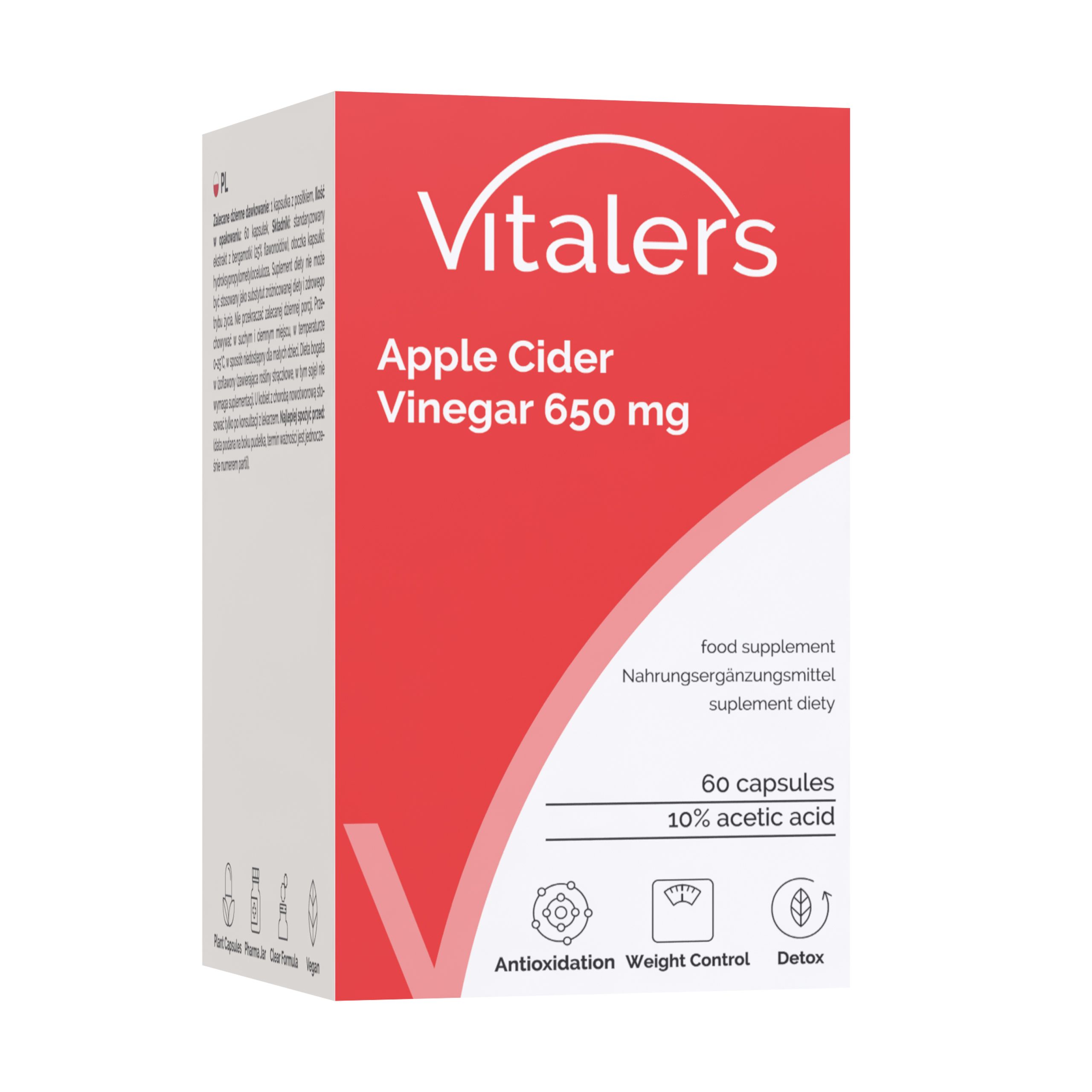 Vitaler's Apfelessig Kapseln 650 mg, 60 Stück. Rote Verpackung mit weißen Akzenten und Produktinformationen.