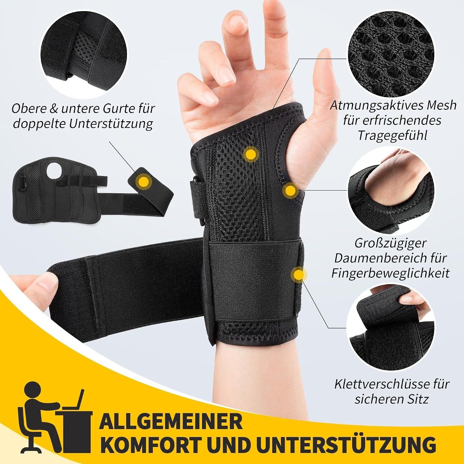 Handgelenkbandage mit atmungsaktivem Mesh und Daumenbereich.
