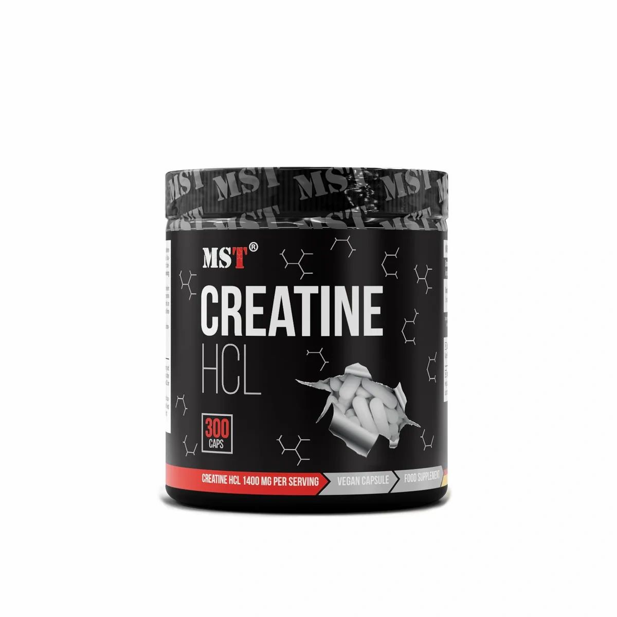 Schwarze Dose mit weißer Aufschrift MST Creatine HCL. 300 Kapseln. Vegan. Roter Streifen am Boden. Kapseln im Loch.