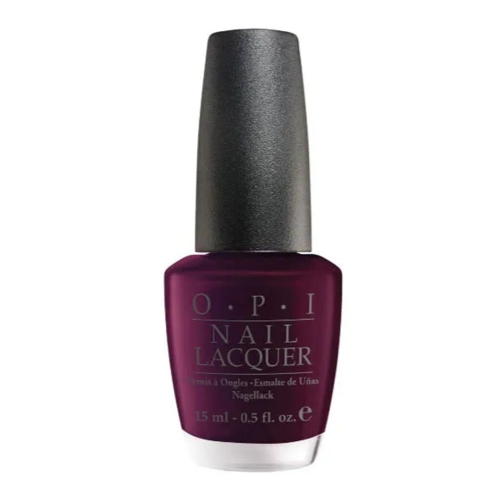 OPI Nail Lacquer Flasche. Dunkelroter Nagellack mit schwarzem Deckel. Aufschrift: OPI NAIL LACQUER. Vernis à ongles.