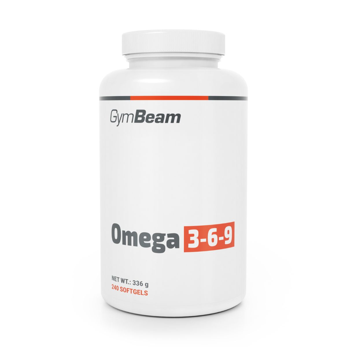 GymBeam Omega 3-6-9 Softgels: Weißer Behälter mit schwarzem und rotem Etikett.