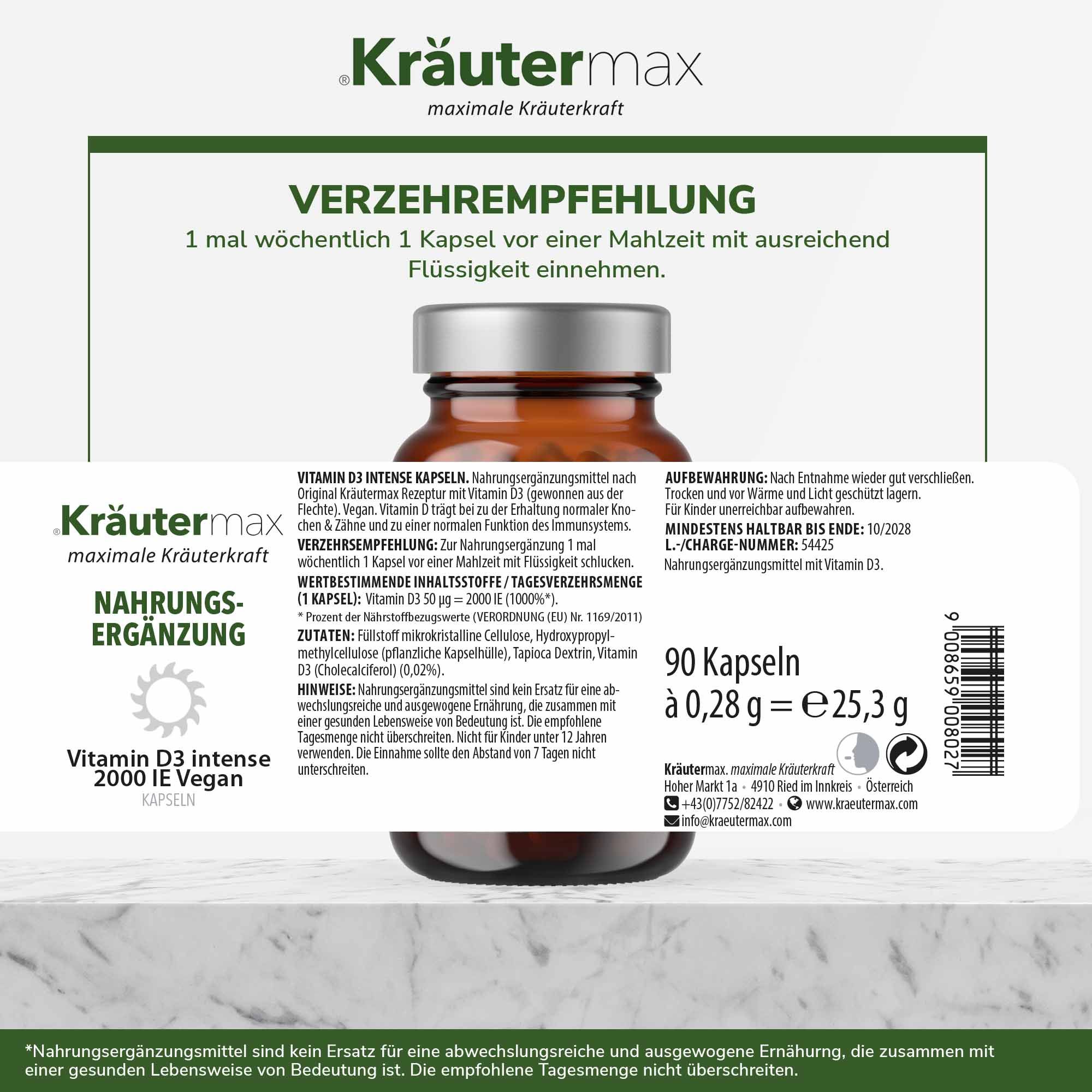 Braune Glasflasche mit weißen Kapseln. Aufschrift: Vitamin D3 intense 2000 IE vegan. Rückseite mit Informationen.