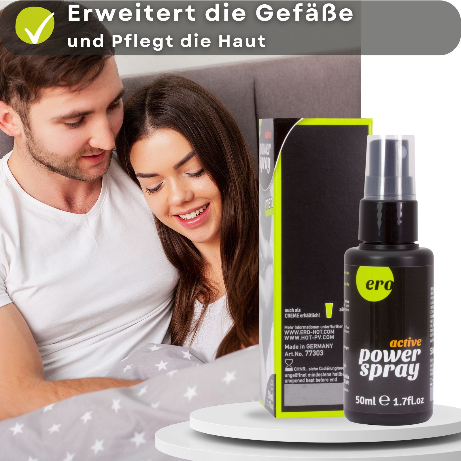 Produktflasche und Verpackung. Paar im Bett. Text: Erweitert die Gefäße und pflegt die Haut.