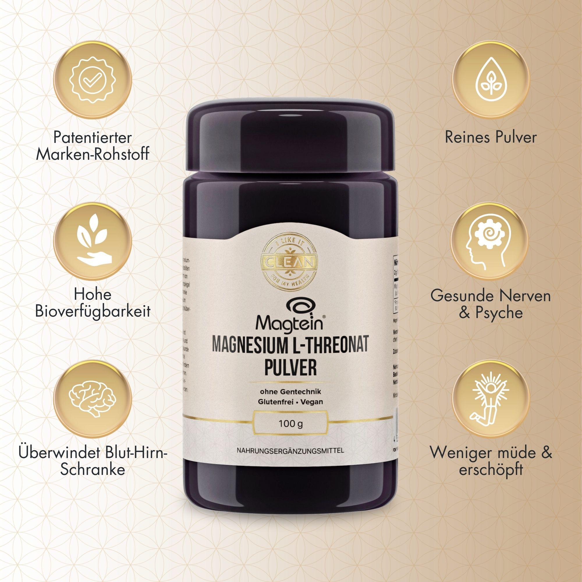 Dunkle Dose mit Magnesium L-Threonat Pulver. Aufschrift: Magtein, 100g, ohne Gentechnik, glutenfrei, vegan. Mit Icons.
