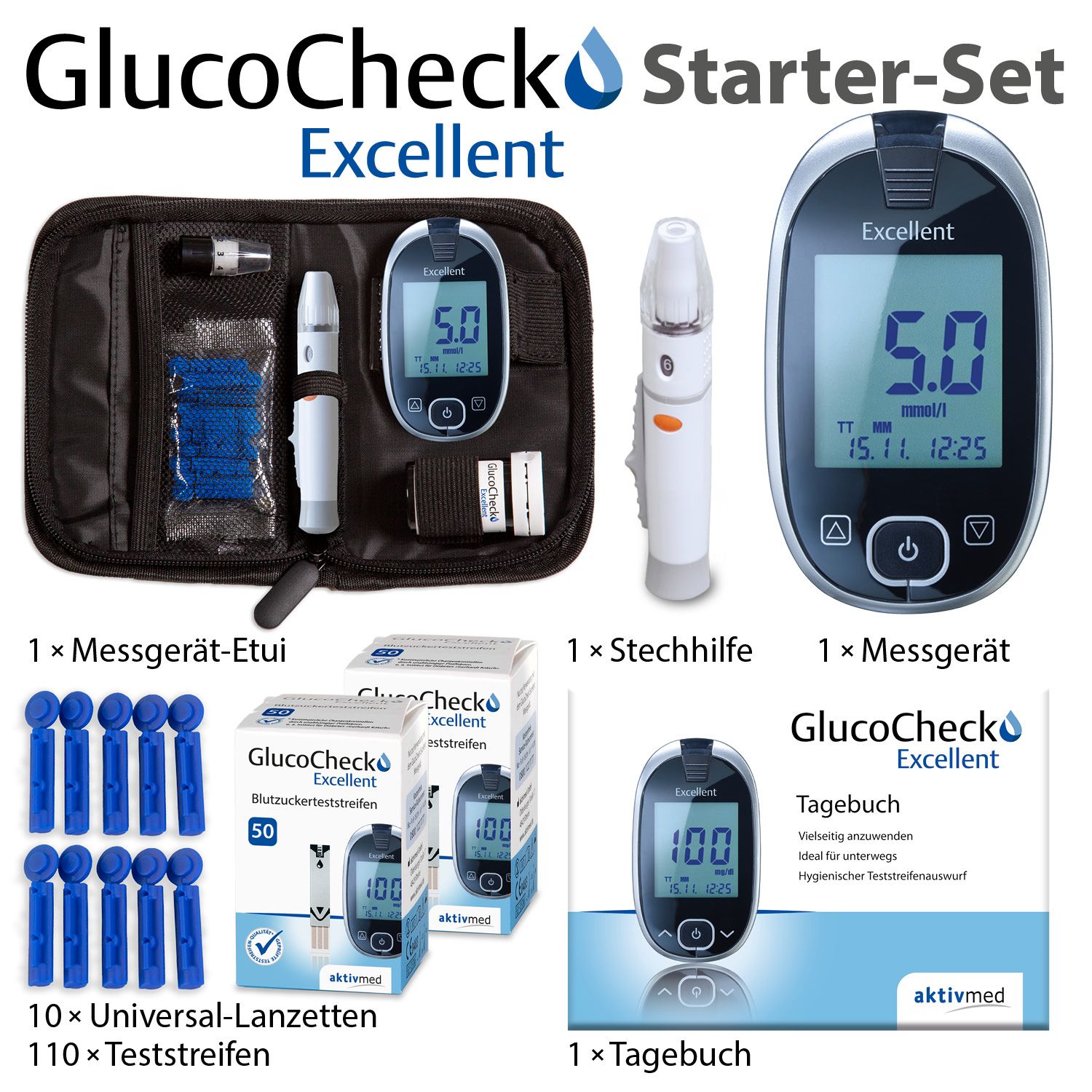 GlucoCheck Excellent Mess-Set zur Blutzuckerkontrolle mit 110 Streifen