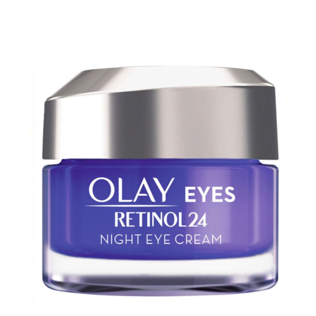 Olay Eyes Retinol 24 Nacht Augencreme. Blaue Creme in einem Glasbehälter mit silbernem Deckel. Produktansicht.
