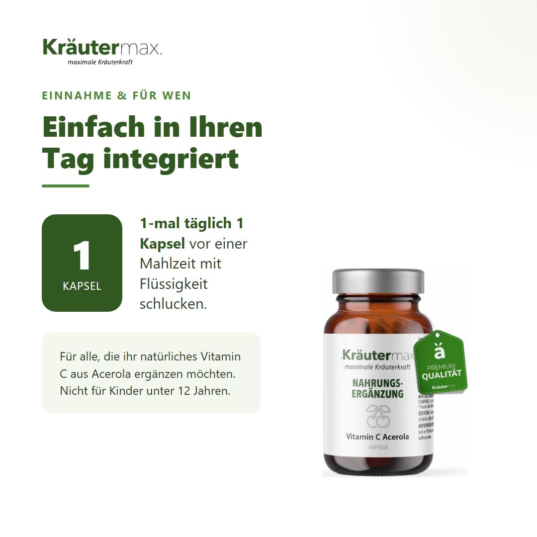 Anwendungshinweis: 1 Kapsel täglich mit Flüssigkeit schlucken. Fläschchen daneben.