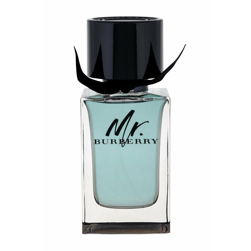 Quadratischer Flakon mit hellblauem Inhalt. Schwarzer Verschluss mit schwarzer Schleife. "Mr. BURBERRY"-Logo.
