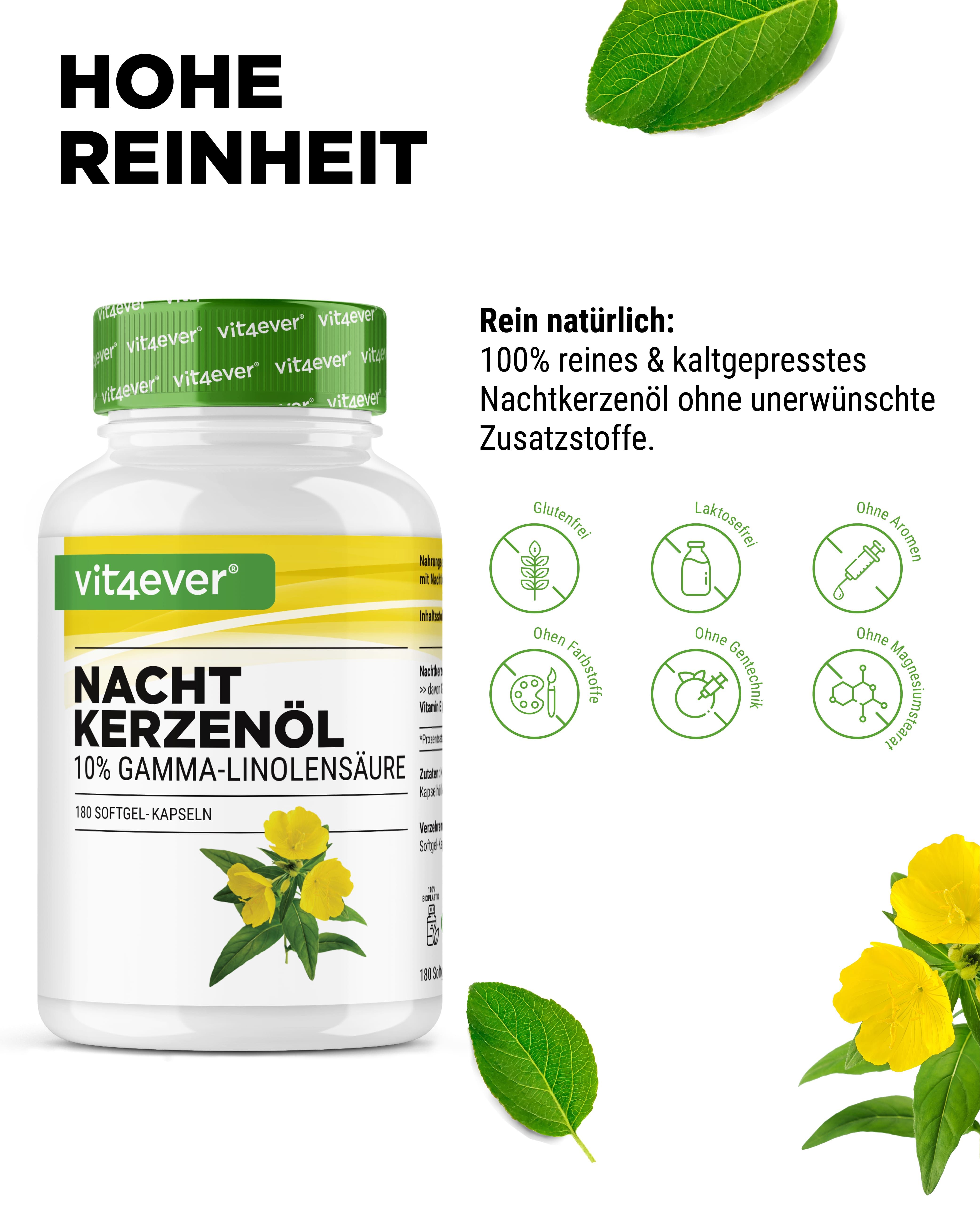 Flasche Nachtkerzenöl mit grünen Blättern. Aufschrift: Nachtkerzenöl, 10% Gamma-Linolensäure, 180 Softgel-Kapseln. Text: Hohe Reinheit.