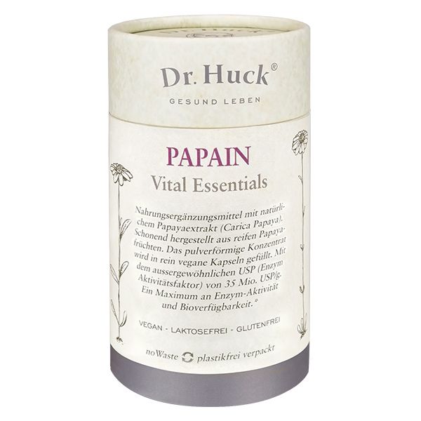 Zylindrische Dose mit Dr. Huck Logo und Papain-Aufschrift. Text: Vital Essentials, vegan, laktosefrei, glutenfrei.