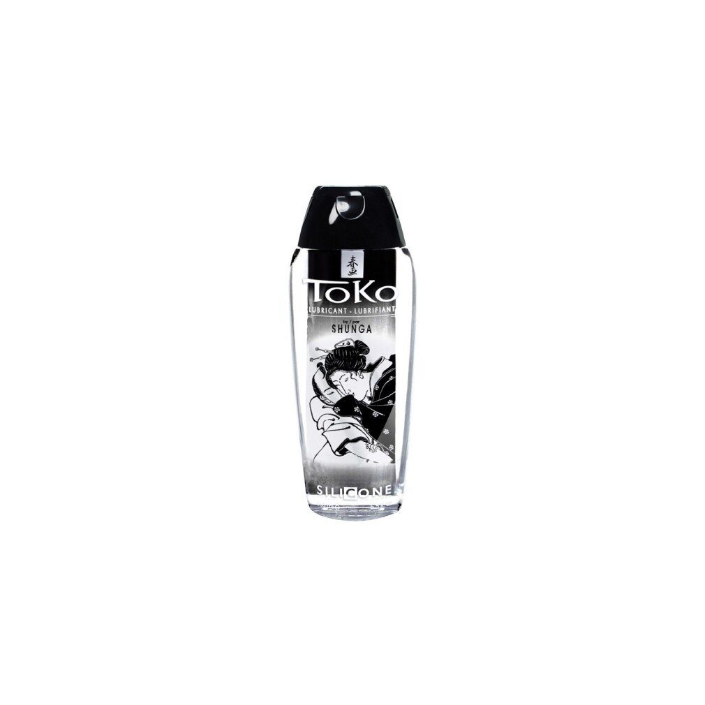 Transparente Flasche mit schwarzem Deckel. Aufdruck: Toko Lubricant, Shunga, Abbildung einer Frau. Aufschrift: Silicone.