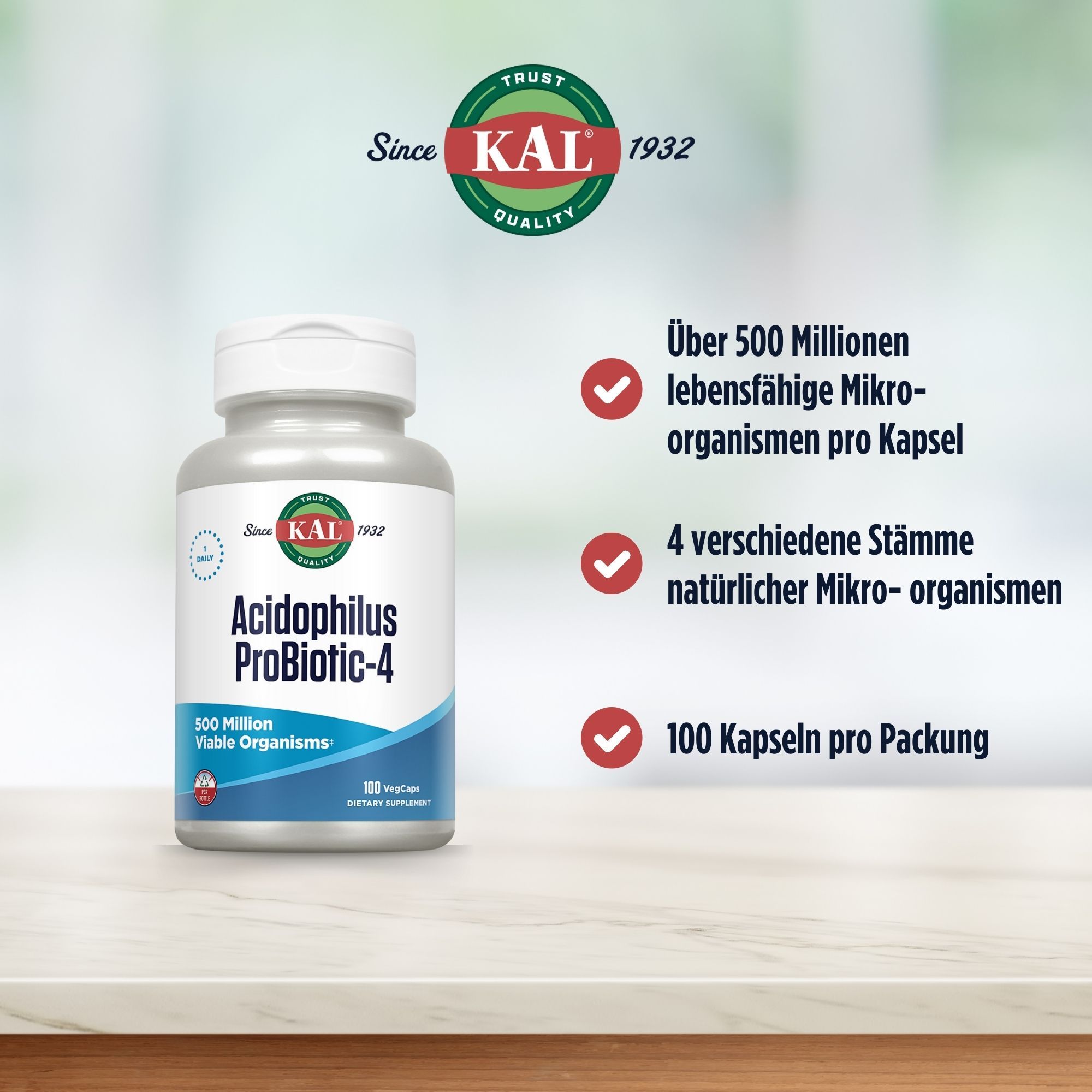 KAL Acidophilus ProBio-4 Kapseln: 100 Stück, über 500 Millionen Mikroorganismen pro Kapsel, 4 Stämme.