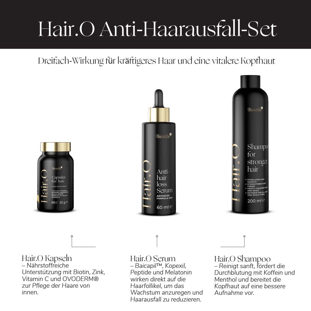 Biostile Hair.O Anti-Haarausfall-Set: Kapseln, Serum und Shampoo in schwarzen Flaschen.