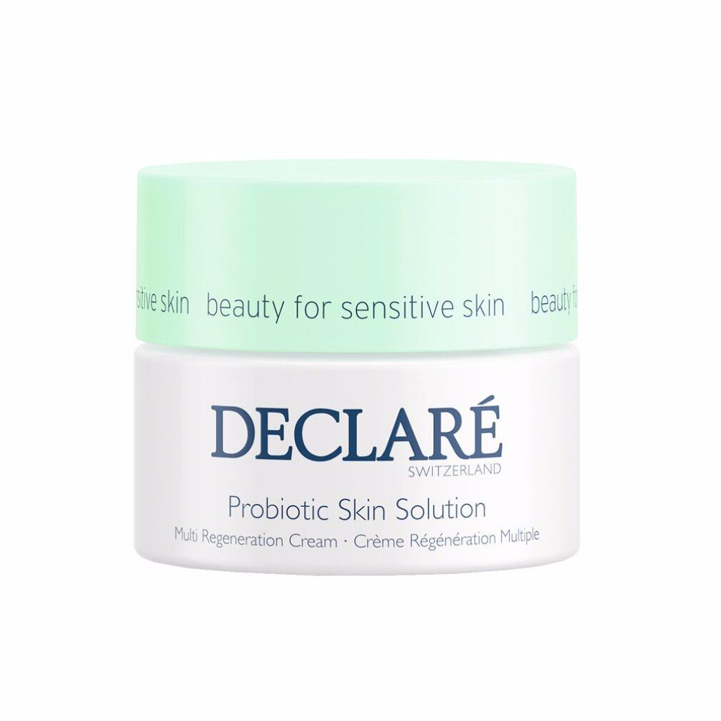 Creme-Tiegel mit grünem Deckel. Aufschrift: DECLARÉ SWITZERLAND, Probiotic Skin Solution, Multi Regeneration Cream.