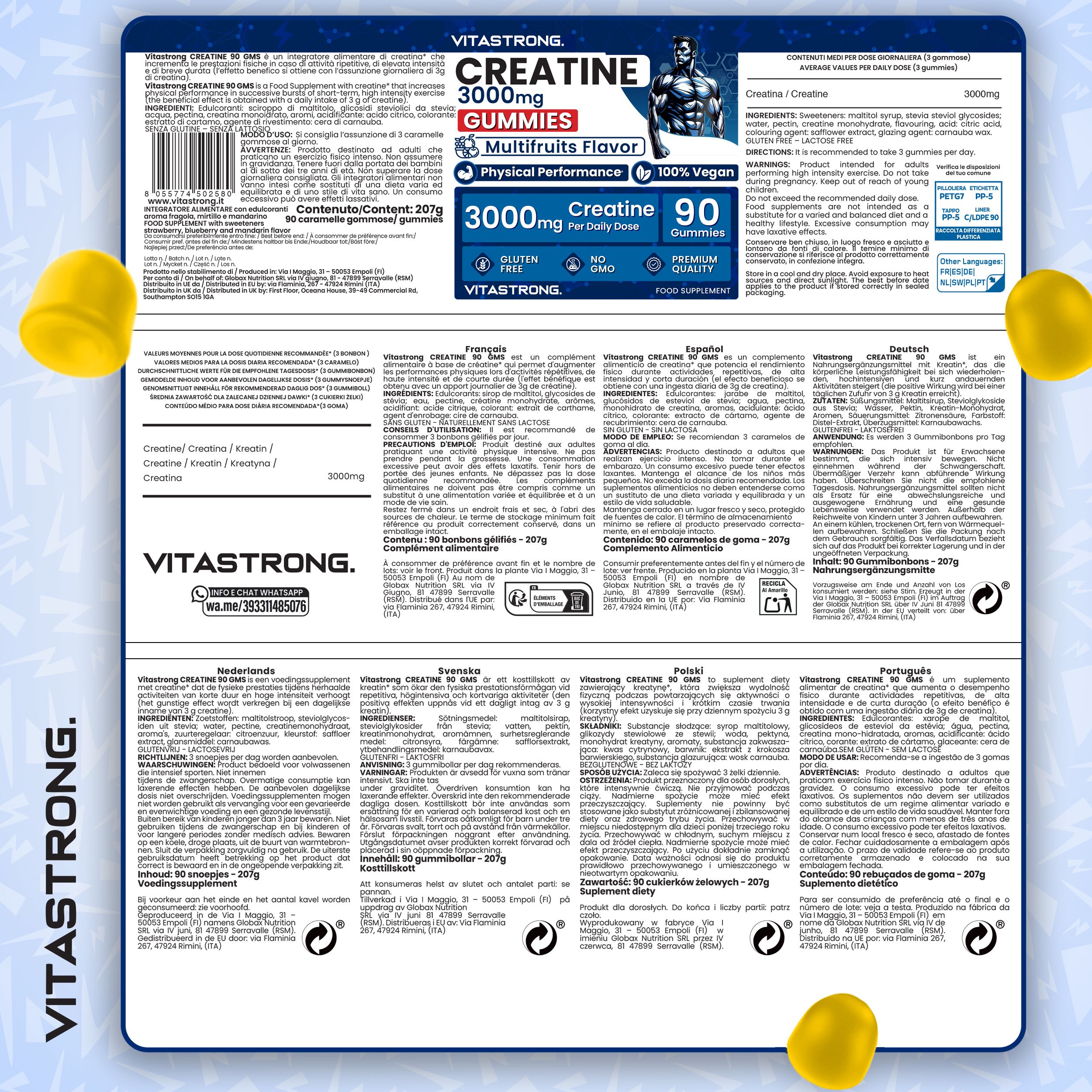 Kreatin-Gummis, Zitronen und Blätter. Text: 90 Gummis, Kraft und Ausdauer, praktisches und langlebiges Format, Energie.