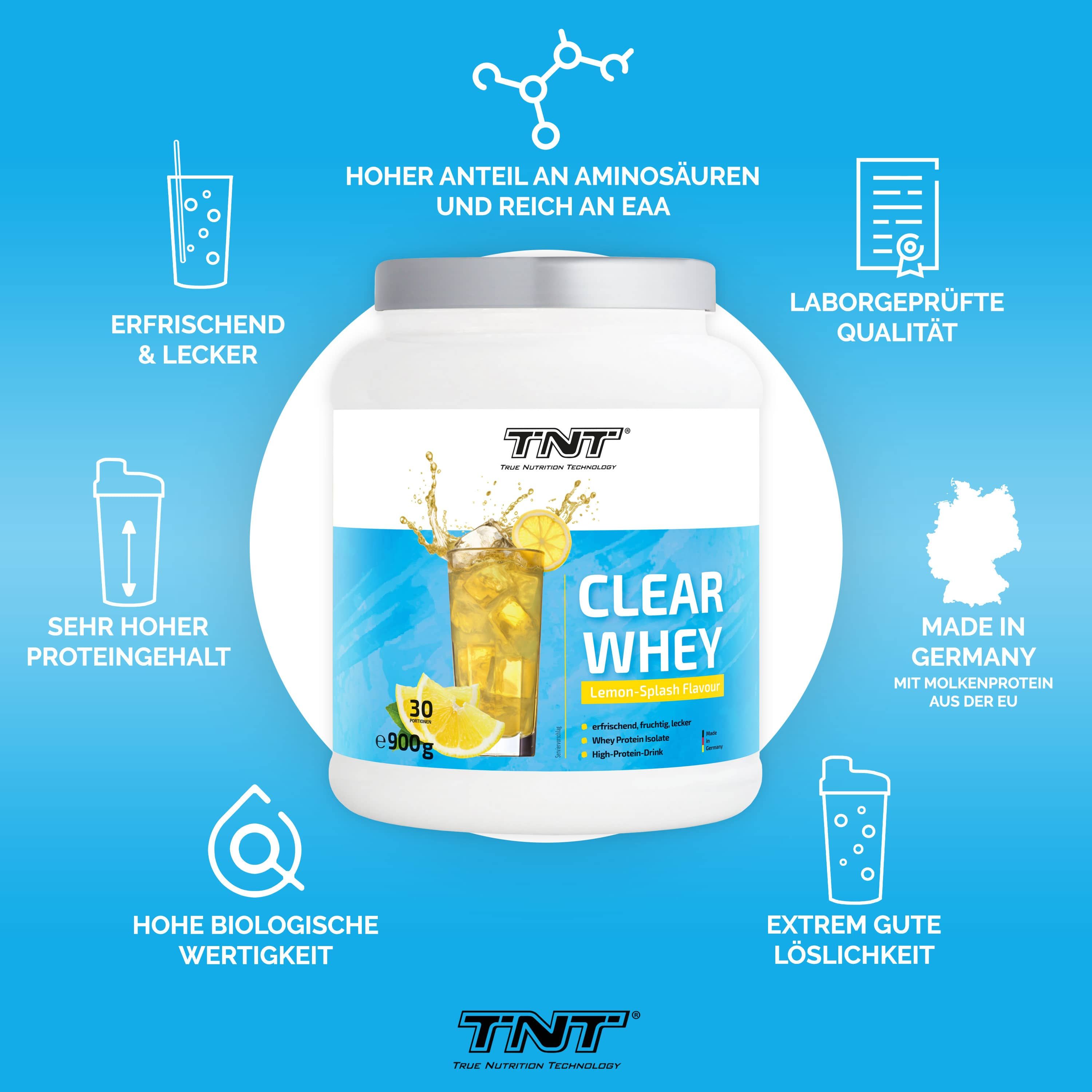 TNT CLEAR WHEY-Behälter mit Infografik. Aufdruck: CLEAR WHEY, Lemon Splash Flavour. Logos und Text über Produktvorteile.
