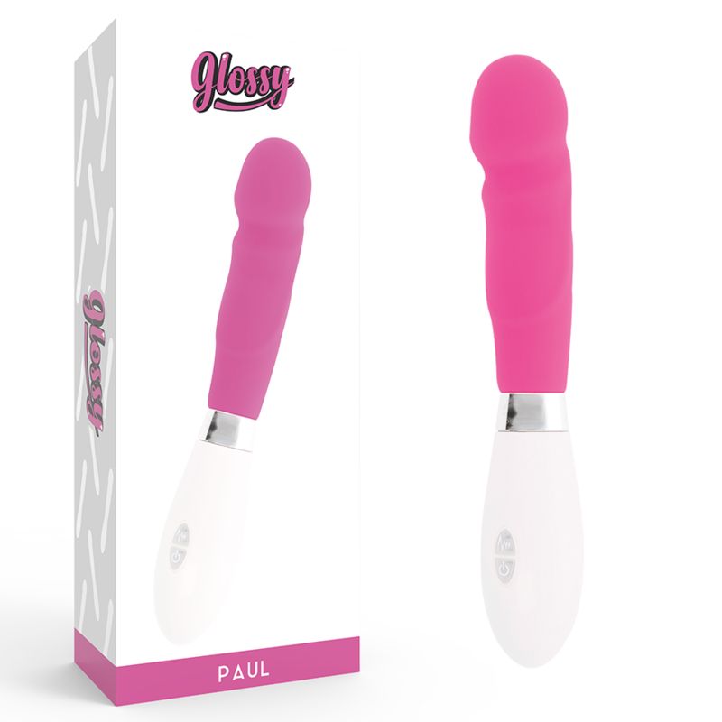 Verpackung mit Silikonvibrator, pinkfarben und weiß. Produkt und Vibrator separat.