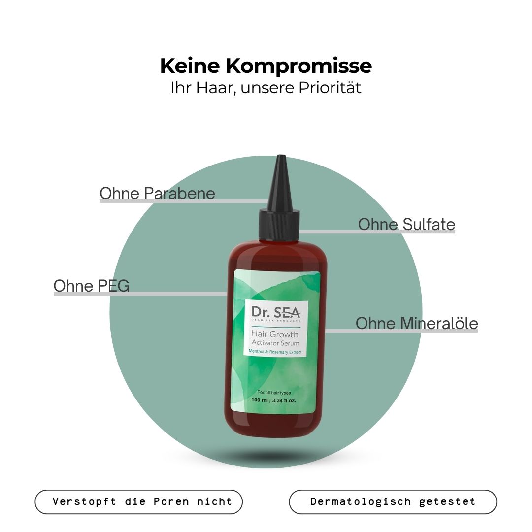 Produktflasche mit Text. Text: Ohne Parabene, Sulfate, PEG, Mineralöle. Dermatologisch getestet. Verstopft die Poren nicht.