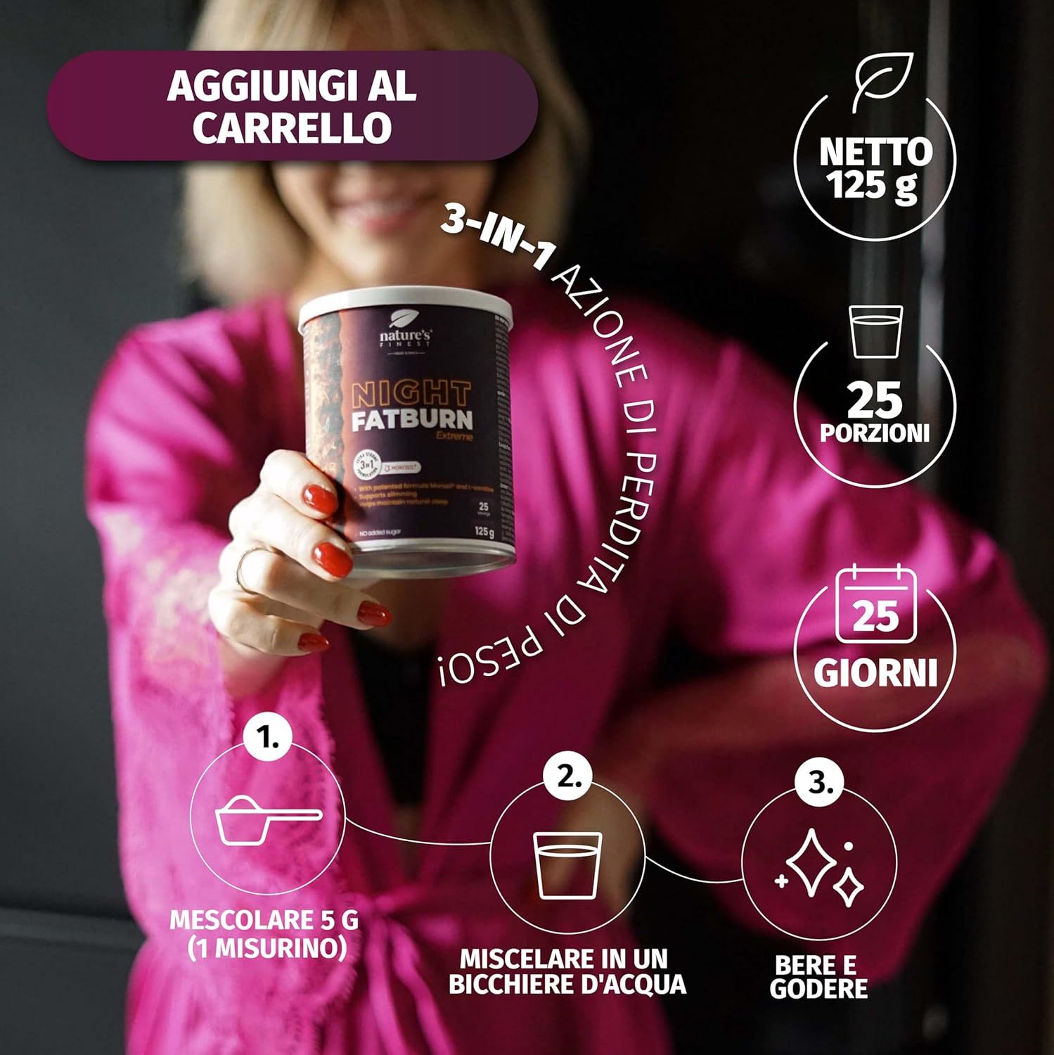 Frau hält Dose Night Fatburn Extreme. 3-in-1-Aktion. 125g, 25 Portionen. Schritte: Mischen, trinken, genießen.
