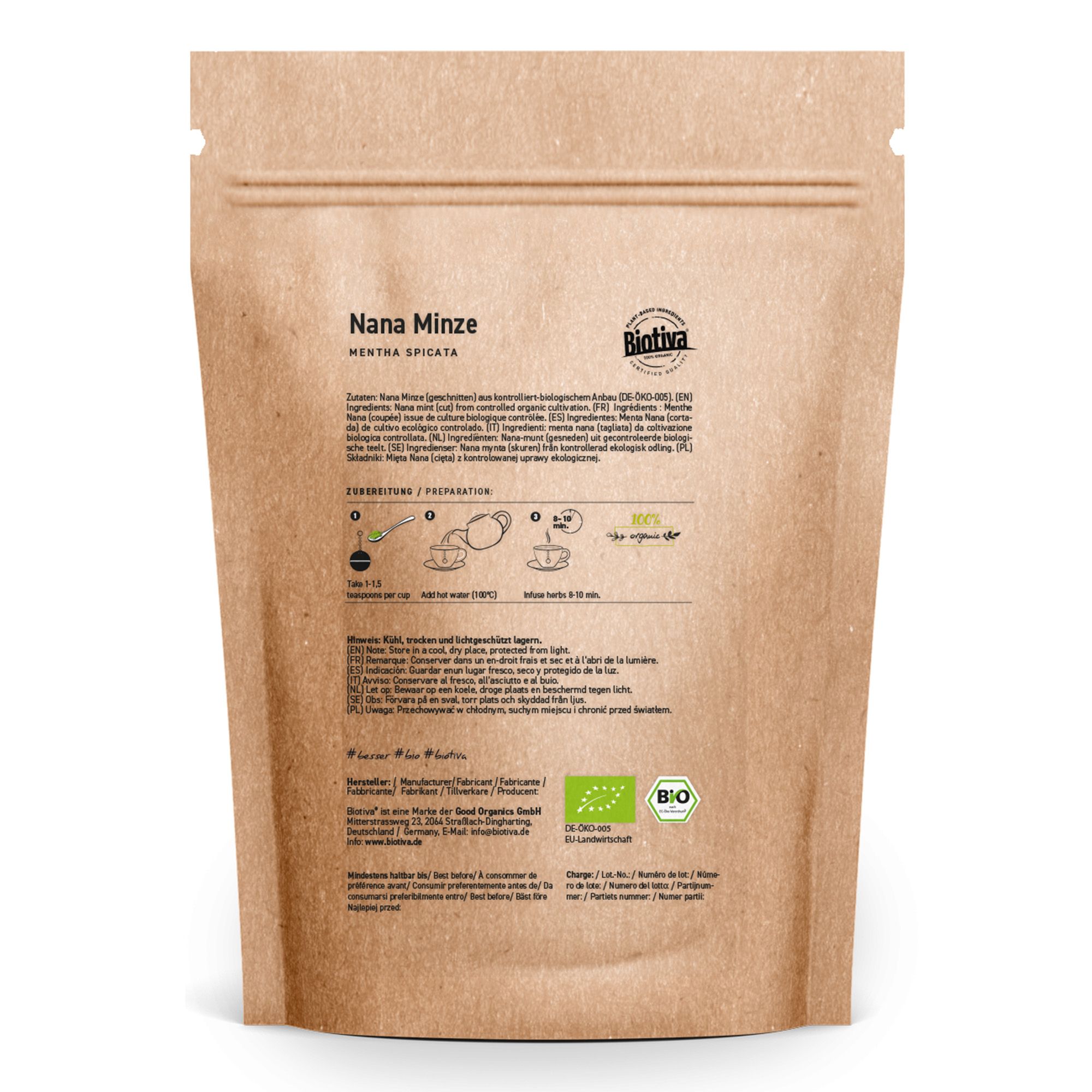 Rückseite einer braunen Papiertüte mit Nana Minze. Text: Zubereitung, Bio-Siegel, Zutaten, Bio-Zertifizierung.
