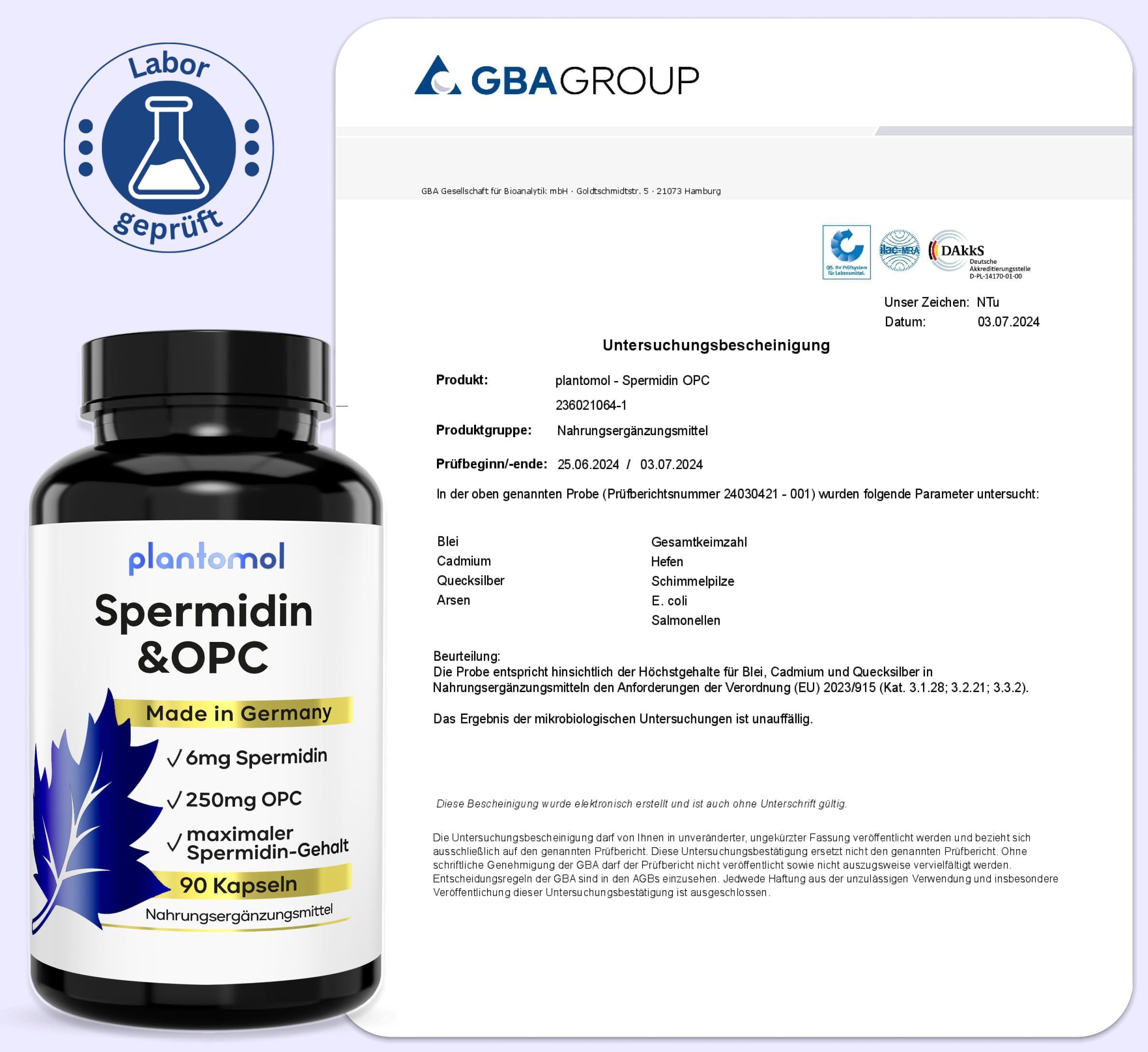Schwarze Flasche mit Etikett und Laborzertifikat. Aufschrift: plantomol Spermidin & OPC, 90 Kapseln. GBA-GROUP-Zertifizierung.