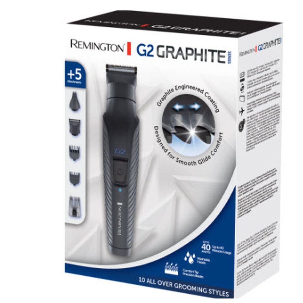 Remington G2 Graphite Trimmer mit Verpackung. Die Box zeigt das Produkt und Zubehör. Enthält Produktinformationen.