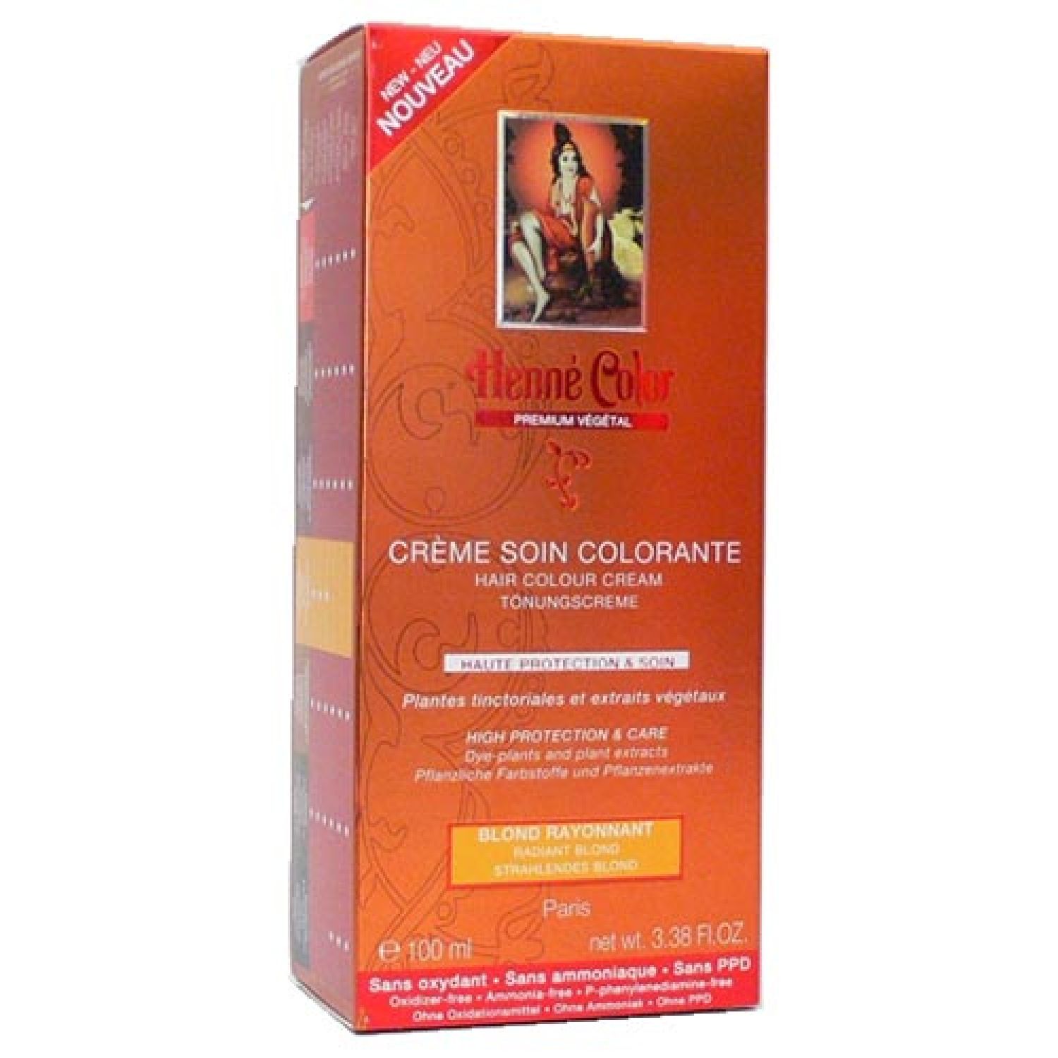 Verpackung der Haarfarbcreme. Aufschrift: Henné Color, Premium Vegetal, Blond Rayonnant. Enthält 100 ml.