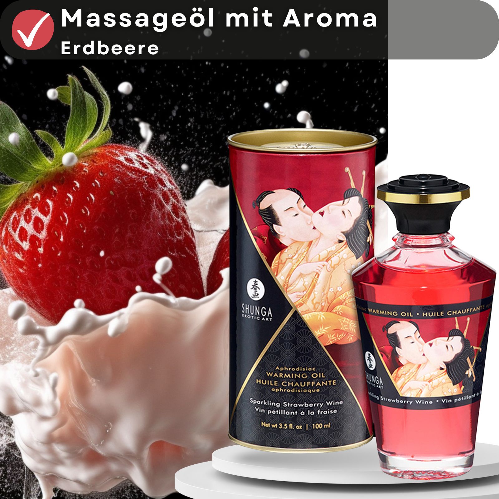 Produkt mit Erdbeer-Aroma. Rote Glasflasche und zylindrische Verpackung. Erdbeere und Milchspritzer im Vordergrund. Text auf Deutsch.