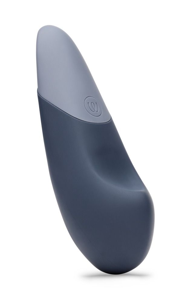 Dunkelblaues Vibrationsgerät mit hellblauem Akzent. Abgerundete Form, ergonomisches Design.
