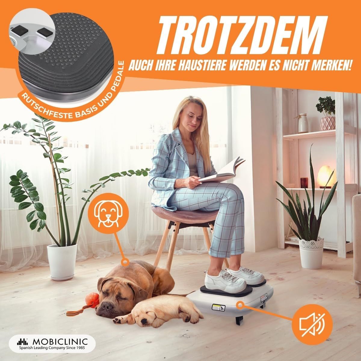 Vibrationsplatte mit zwei schwarzen Trittflächen, Fernbedienung und Maßangaben.